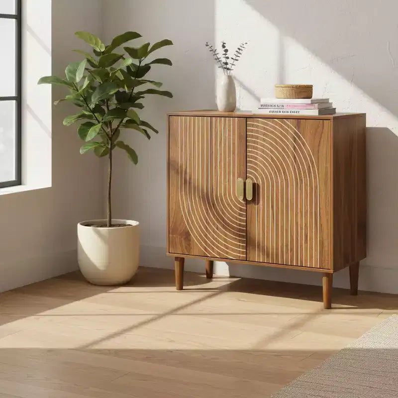 Homy Casa 2-Door Storage Cabinet with Engraved Pattern, Modern Accent Sideboard for Living Room & Entryway, Walnut