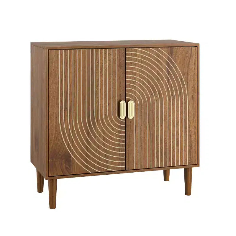 Homy Casa 2-Door Storage Cabinet with Engraved Pattern, Modern Accent Sideboard for Living Room & Entryway, Walnut