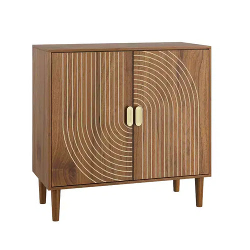 Homy Casa 2-Door Storage Cabinet with Engraved Pattern, Modern Accent Sideboard for Living Room & Entryway, Walnut