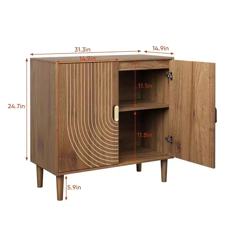 Homy Casa 2-Door Storage Cabinet with Engraved Pattern, Modern Accent Sideboard for Living Room & Entryway, Walnut