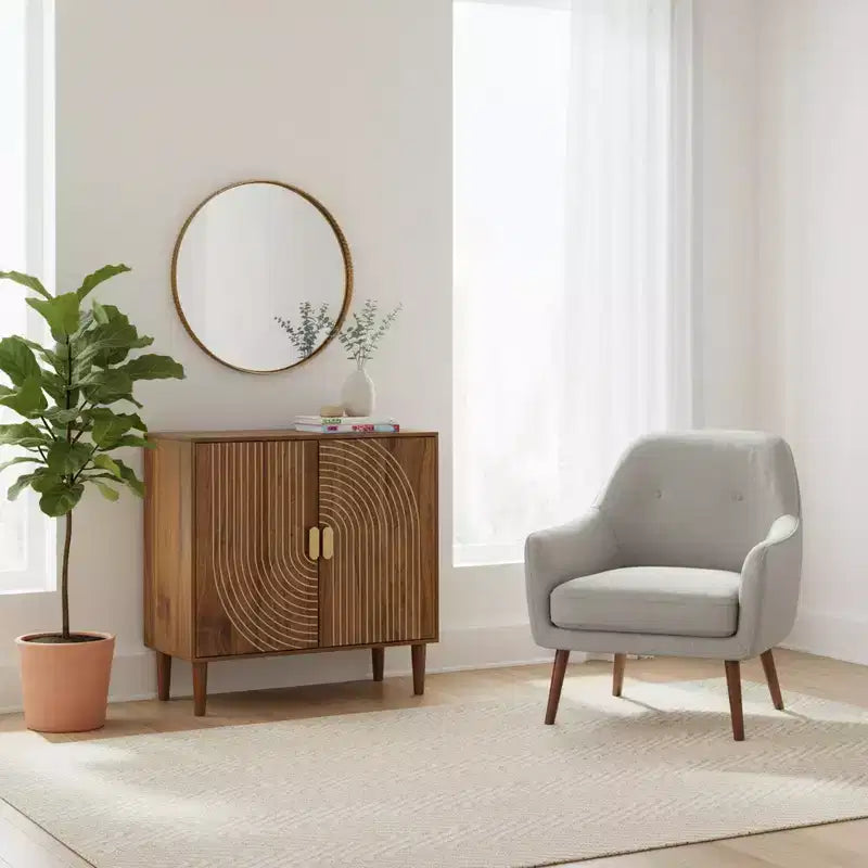 Homy Casa 2-Door Storage Cabinet with Engraved Pattern, Modern Accent Sideboard for Living Room & Entryway, Walnut