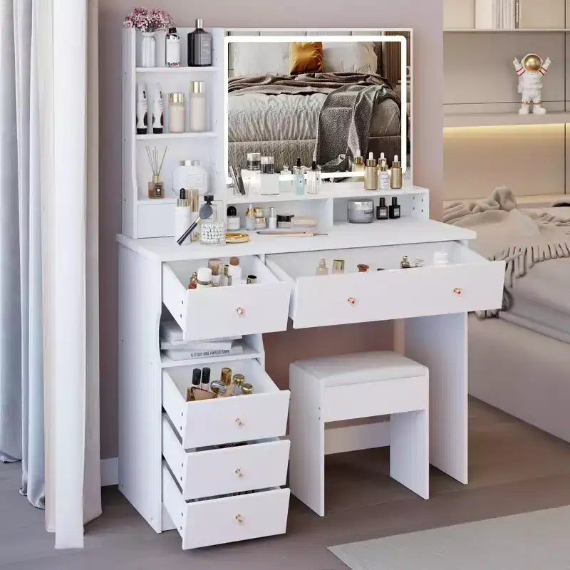 Okak 41IN Makeup Table with Extra Large Touch Control Mirror, High Capacity Storage Vanity Desk, Makeup Vanity for Bedroom, Studio