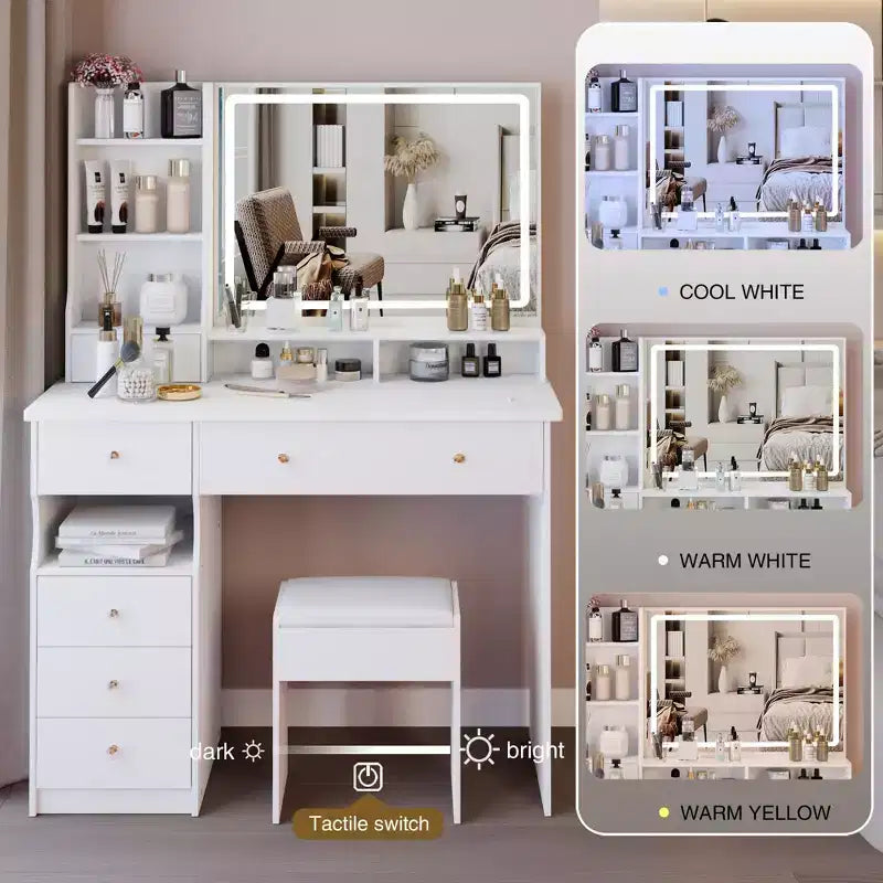 Okak 41IN Makeup Table with Extra Large Touch Control Mirror, High Capacity Storage Vanity Desk, Makeup Vanity for Bedroom, Studio