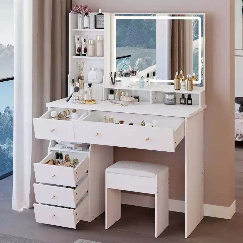 Okak 41IN Makeup Table with Extra Large Touch Control Mirror, High Capacity Storage Vanity Desk, Makeup Vanity for Bedroom, Studio