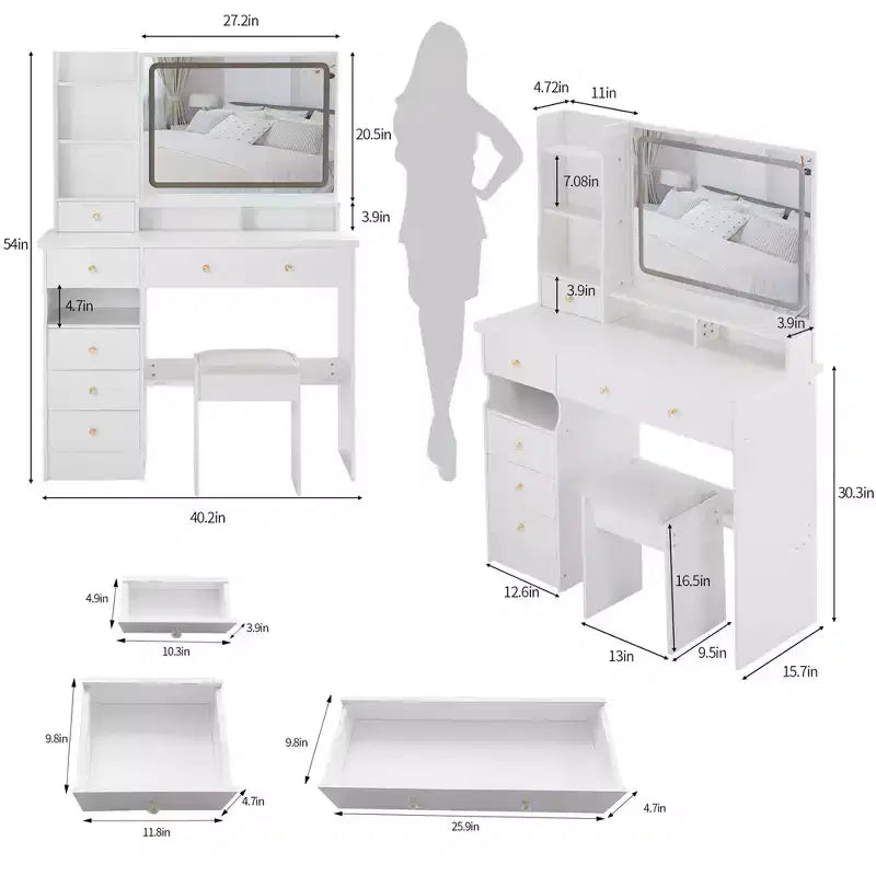 Okak 41IN Makeup Table with Extra Large Touch Control Mirror, High Capacity Storage Vanity Desk, Makeup Vanity for Bedroom, Studio