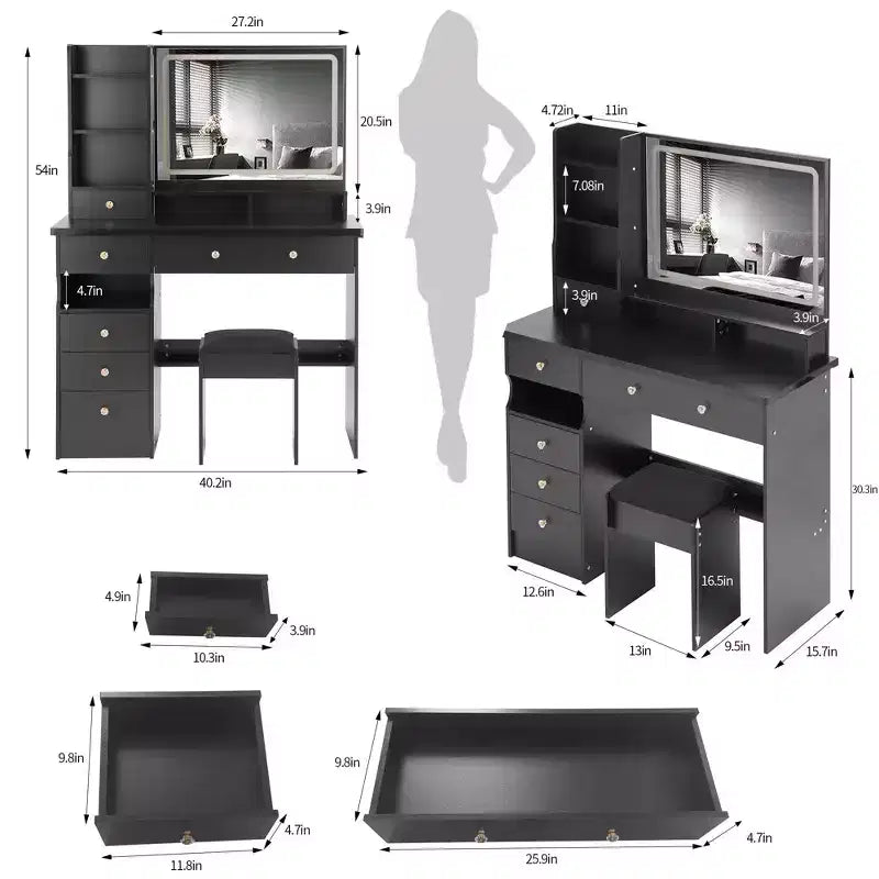 Okak 41IN Makeup Table with Extra Large Touch Control Mirror, High Capacity Storage Vanity Desk, Makeup Vanity for Bedroom, Studio