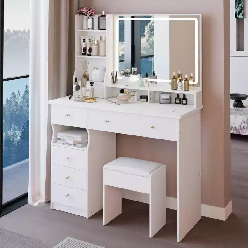 Okak 41IN Makeup Table with Extra Large Touch Control Mirror, High Capacity Storage Vanity Desk, Makeup Vanity for Bedroom, Studio