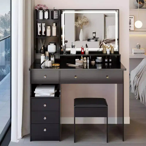 Okak 41IN Makeup Table with Extra Large Touch Control Mirror, High Capacity Storage Vanity Desk, Makeup Vanity for Bedroom, Studio