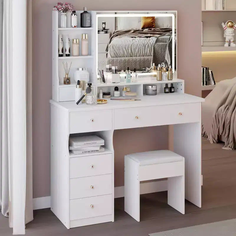 Okak 41IN Makeup Table with Extra Large Touch Control Mirror, High Capacity Storage Vanity Desk, Makeup Vanity for Bedroom, Studio