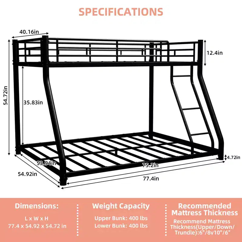 Bellemave Twin Over Full Metal Bunk Bed, Bunk Bed Twin Over Full with Ladder & Full-Length Guardrail for Teens Adultsblack