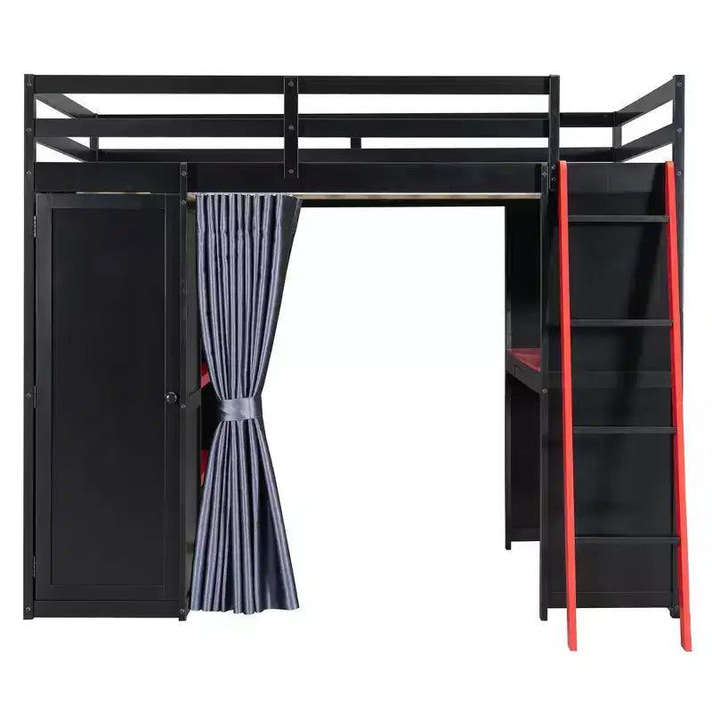 Luxystar Modern Gaming Full Size Loft Bed With Desk, Power Outlets, RGB Lighted Pegboard, Storage Bookcase And Wardrobe