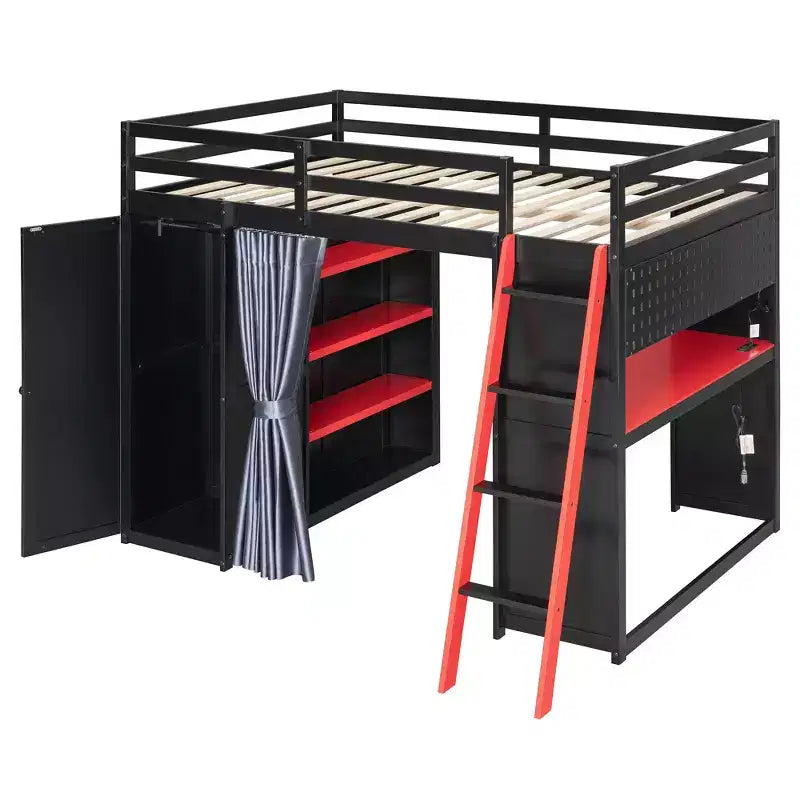 Luxystar Modern Gaming Full Size Loft Bed With Desk, Power Outlets, RGB Lighted Pegboard, Storage Bookcase And Wardrobe