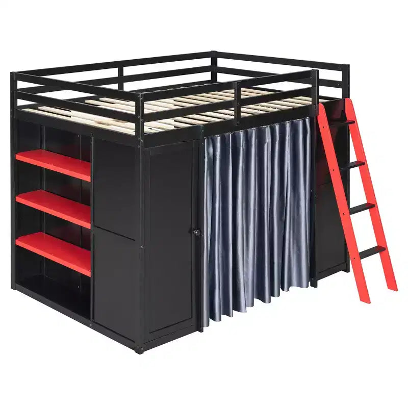 Luxystar Modern Gaming Full Size Loft Bed With Desk, Power Outlets, RGB Lighted Pegboard, Storage Bookcase And Wardrobe