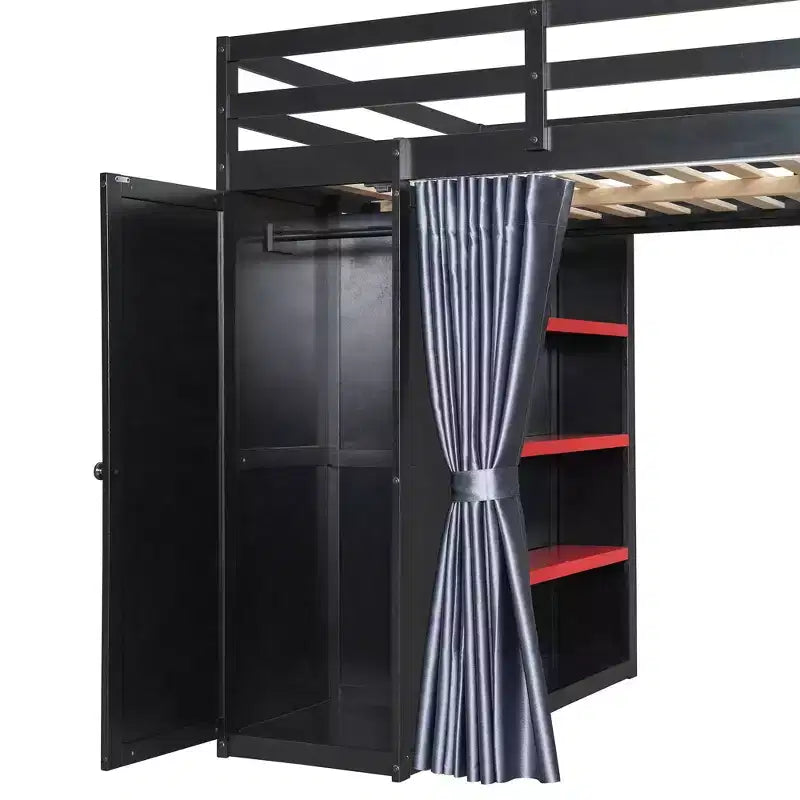 Luxystar Modern Gaming Full Size Loft Bed With Desk, Power Outlets, RGB Lighted Pegboard, Storage Bookcase And Wardrobe