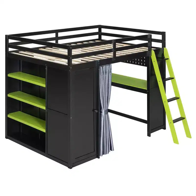 Luxystar Modern Gaming Full Size Loft Bed With Desk, Power Outlets, RGB Lighted Pegboard, Storage Bookcase And Wardrobe