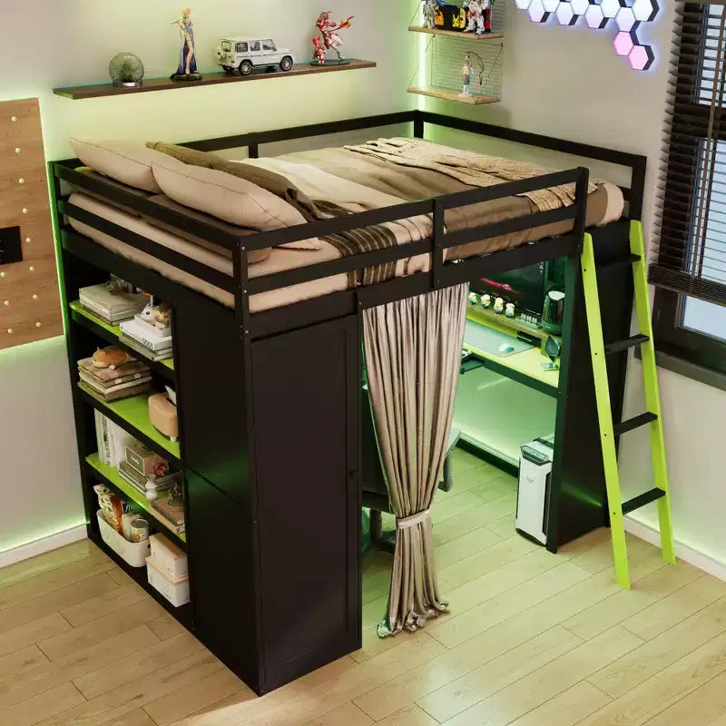Luxystar Modern Gaming Full Size Loft Bed With Desk, Power Outlets, RGB Lighted Pegboard, Storage Bookcase And Wardrobe