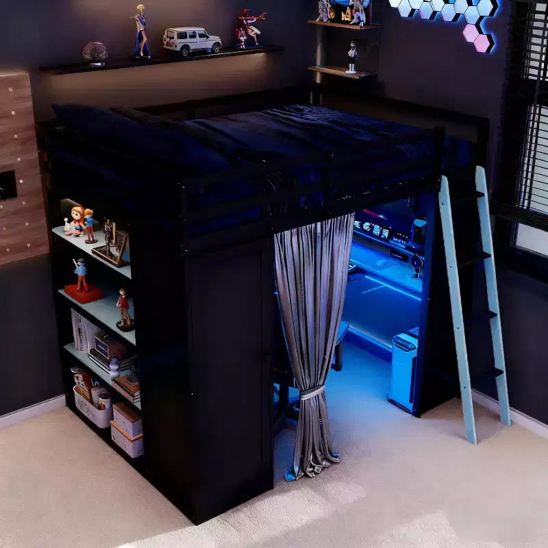 Luxystar Modern Gaming Full Size Loft Bed With Desk, Power Outlets, RGB Lighted Pegboard, Storage Bookcase And Wardrobe
