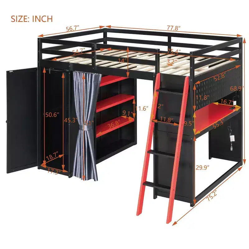 Luxystar Modern Gaming Full Size Loft Bed With Desk, Power Outlets, RGB Lighted Pegboard, Storage Bookcase And Wardrobe