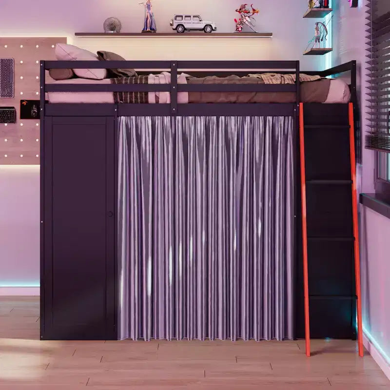 Luxystar Modern Gaming Full Size Loft Bed With Desk, Power Outlets, RGB Lighted Pegboard, Storage Bookcase And Wardrobe