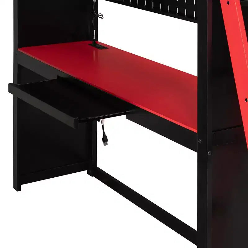 Luxystar Modern Gaming Full Size Loft Bed With Desk, Power Outlets, RGB Lighted Pegboard, Storage Bookcase And Wardrobe