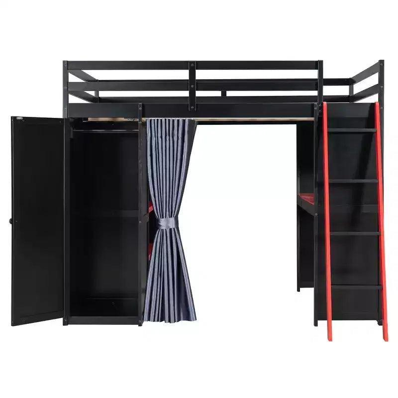 Luxystar Modern Gaming Full Size Loft Bed With Desk, Power Outlets, RGB Lighted Pegboard, Storage Bookcase And Wardrobe