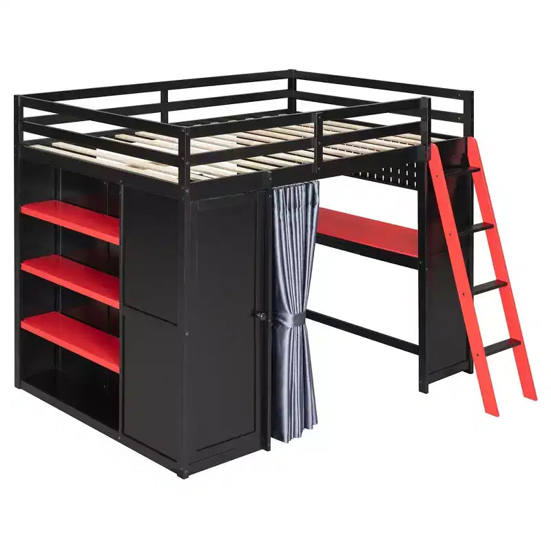 Luxystar Modern Gaming Full Size Loft Bed With Desk, Power Outlets, RGB Lighted Pegboard, Storage Bookcase And Wardrobe
