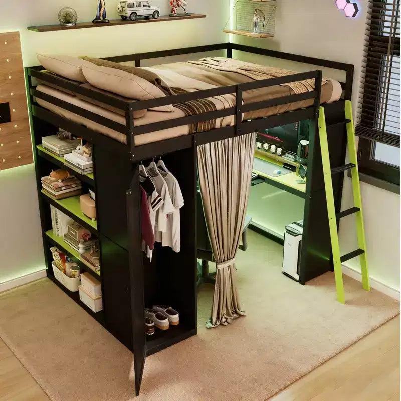 Luxystar Modern Gaming Full Size Loft Bed With Desk, Power Outlets, RGB Lighted Pegboard, Storage Bookcase And Wardrobe