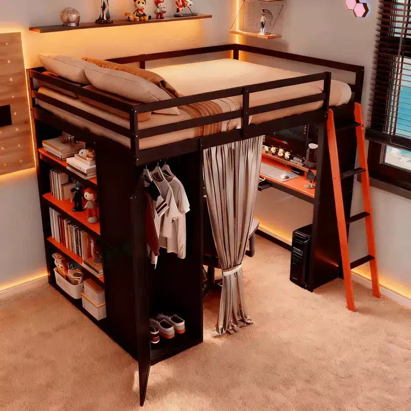 Luxystar Modern Gaming Full Size Loft Bed With Desk, Power Outlets, RGB Lighted Pegboard, Storage Bookcase And Wardrobe