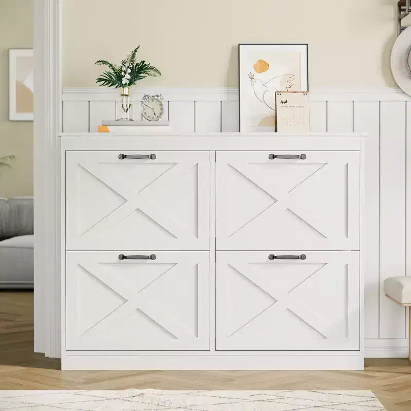 41Shoe Storage Cabinet with 4 Flip Drawers, Modern Farmhouse Shoe Rack with Adjustable Shelves,Freestanding Narrow Organizer for Living Room Bedroom