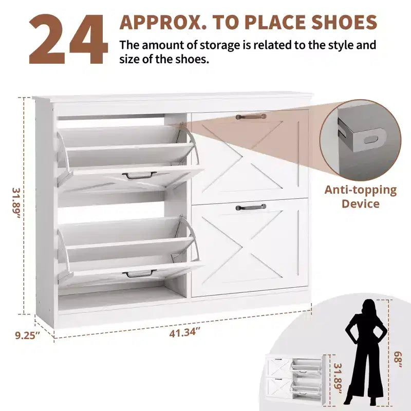 41Shoe Storage Cabinet with 4 Flip Drawers, Modern Farmhouse Shoe Rack with Adjustable Shelves,Freestanding Narrow Organizer for Living Room Bedroom