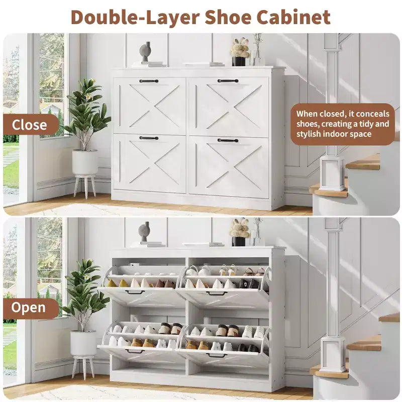 41Shoe Storage Cabinet with 4 Flip Drawers, Modern Farmhouse Shoe Rack with Adjustable Shelves,Freestanding Narrow Organizer for Living Room Bedroom