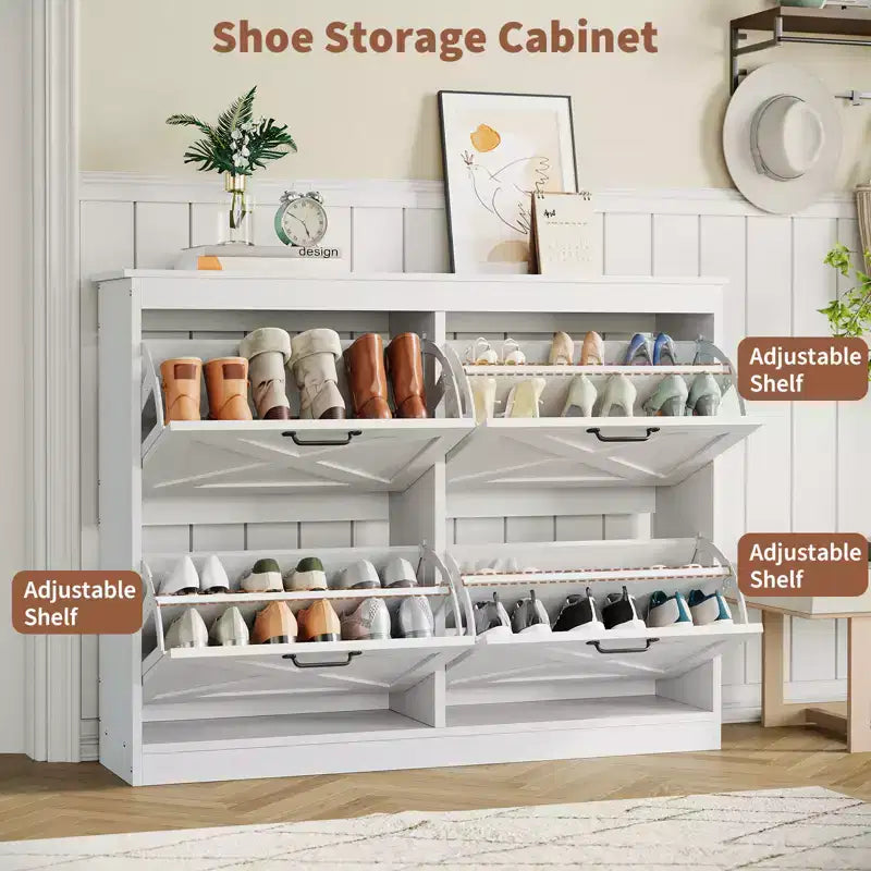 41Shoe Storage Cabinet with 4 Flip Drawers, Modern Farmhouse Shoe Rack with Adjustable Shelves,Freestanding Narrow Organizer for Living Room Bedroom