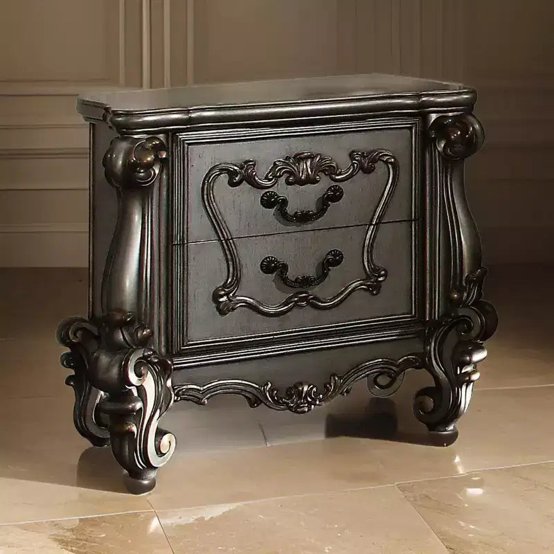 Royal Hampton Two Drawer Nightstand With Oversized Scrolled Legs In Antique Platinum Finish