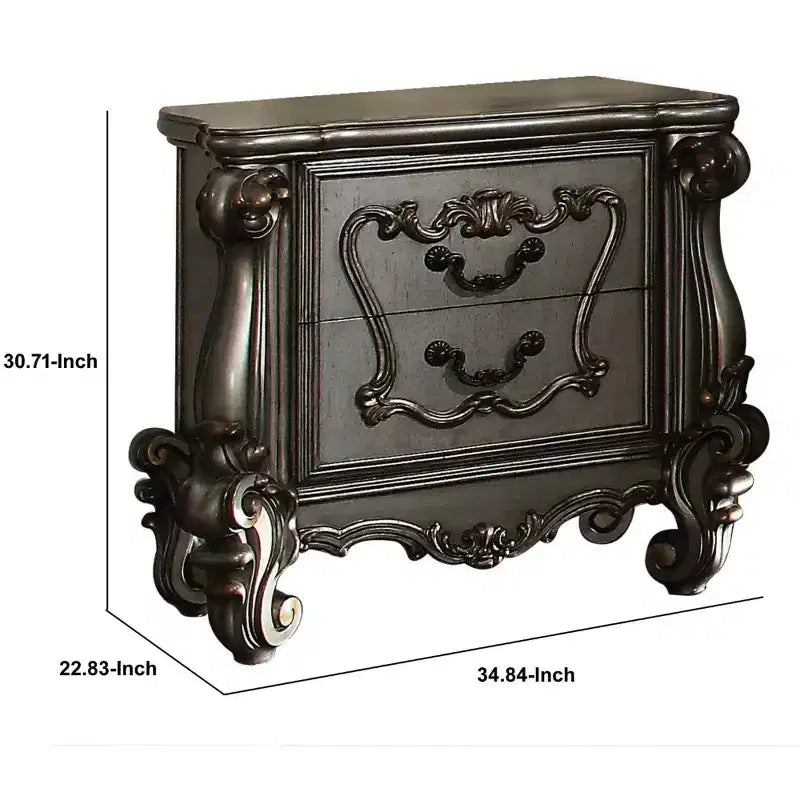 Royal Hampton Two Drawer Nightstand With Oversized Scrolled Legs In Antique Platinum Finish