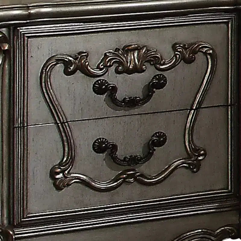 Royal Hampton Two Drawer Nightstand With Oversized Scrolled Legs In Antique Platinum Finish