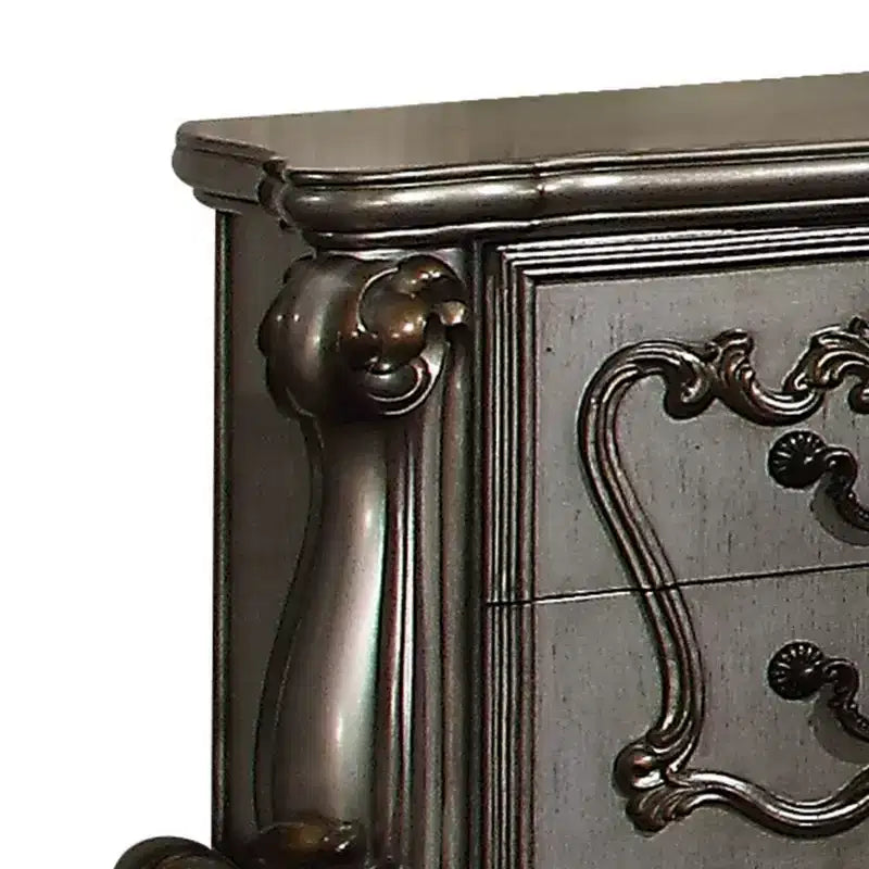 Royal Hampton Two Drawer Nightstand With Oversized Scrolled Legs In Antique Platinum Finish