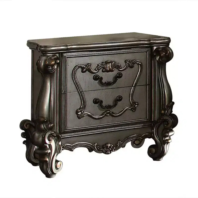 Royal Hampton Two Drawer Nightstand With Oversized Scrolled Legs In Antique Platinum Finish