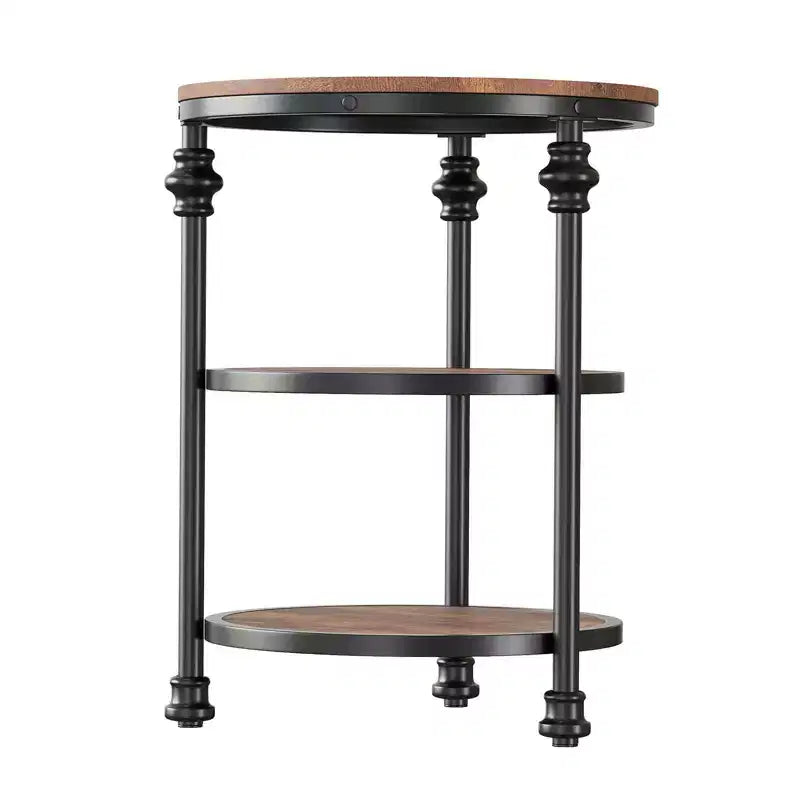 Three-tiered round side table, perfect for decorating compact living rooms. Features metal legs, suitable for bedrooms and living rooms.