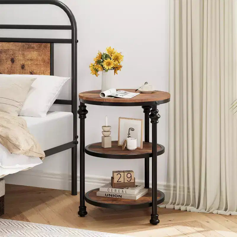 Three-tiered round side table, perfect for decorating compact living rooms. Features metal legs, suitable for bedrooms and living rooms.
