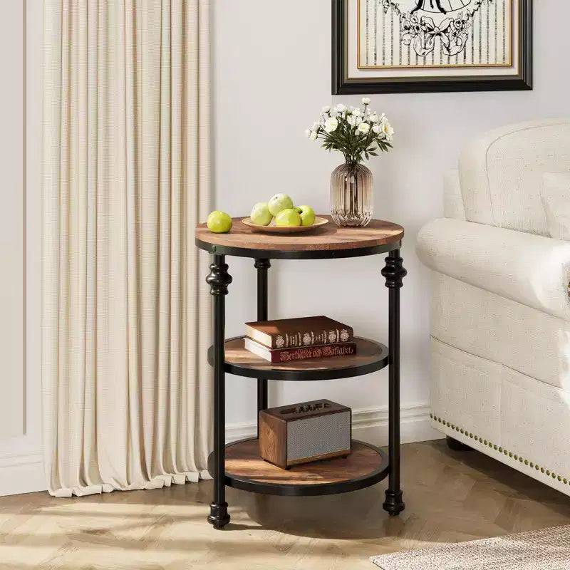 Three-tiered round side table, perfect for decorating compact living rooms. Features metal legs, suitable for bedrooms and living rooms.