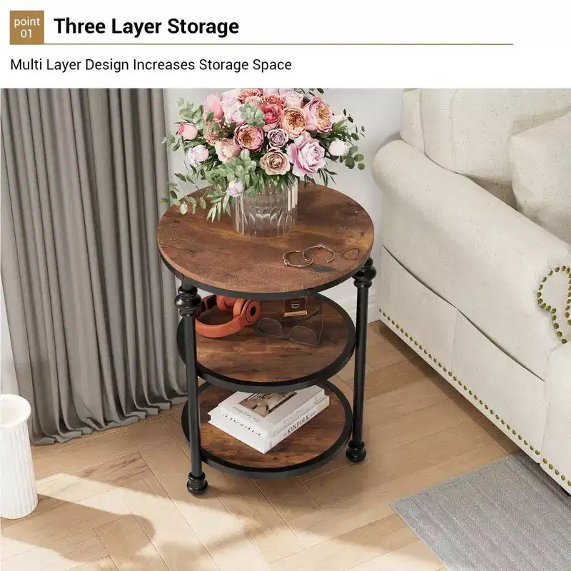 Three-tiered round side table, perfect for decorating compact living rooms. Features metal legs, suitable for bedrooms and living rooms.
