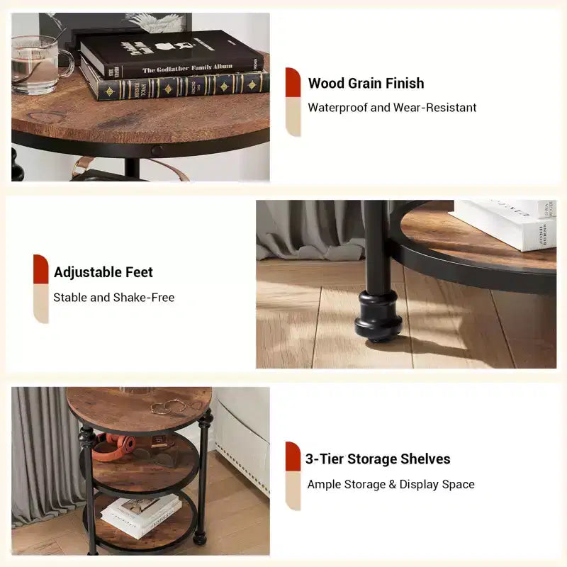 Three-tiered round side table, perfect for decorating compact living rooms. Features metal legs, suitable for bedrooms and living rooms.