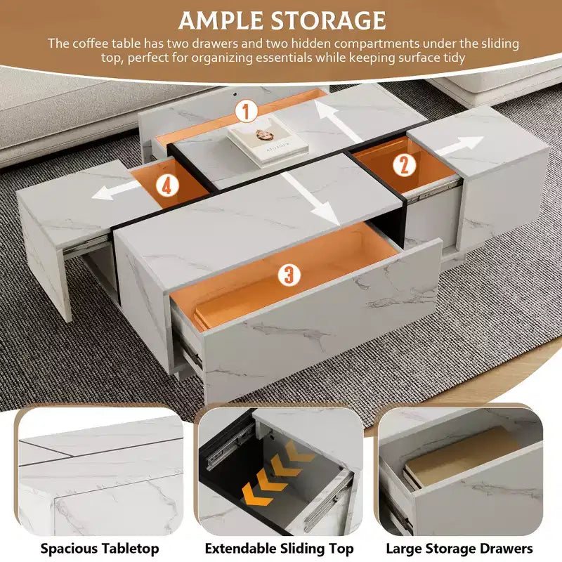 Bestier 47.2 Rectangular Sliding Top Coffee Table with 2 Drawers and 2 Hidden Storage for Living Room