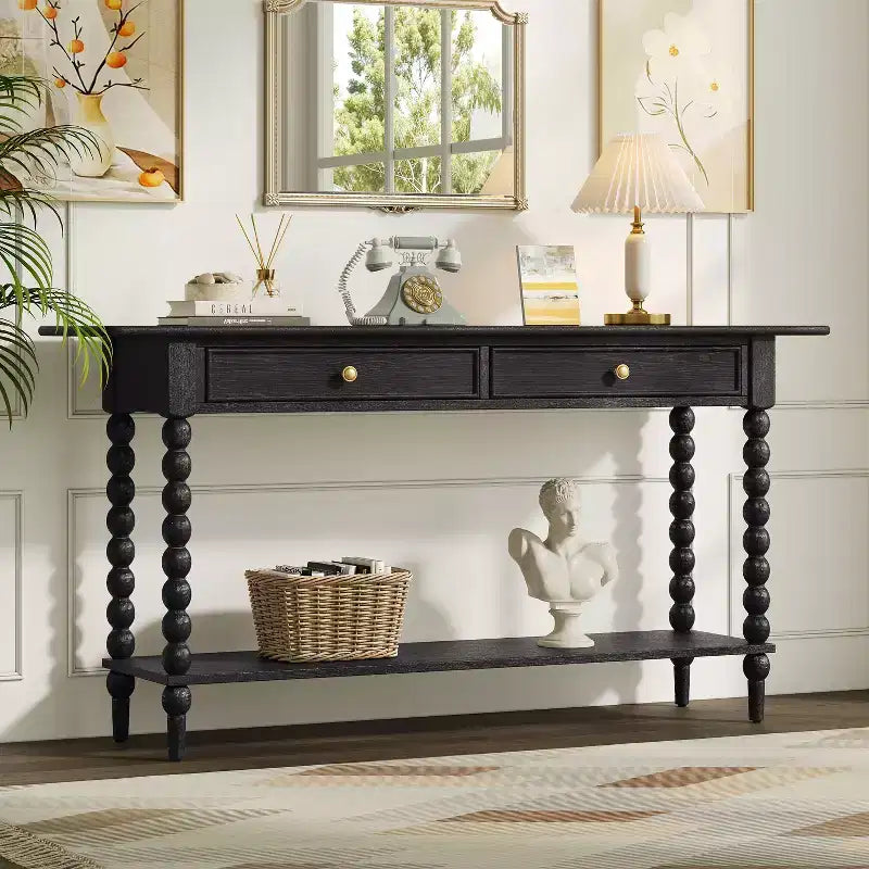 Console Table with 2 Drawers & Shelf, Entryway Table Acacia Wood Sofa Table - ModernLuxe