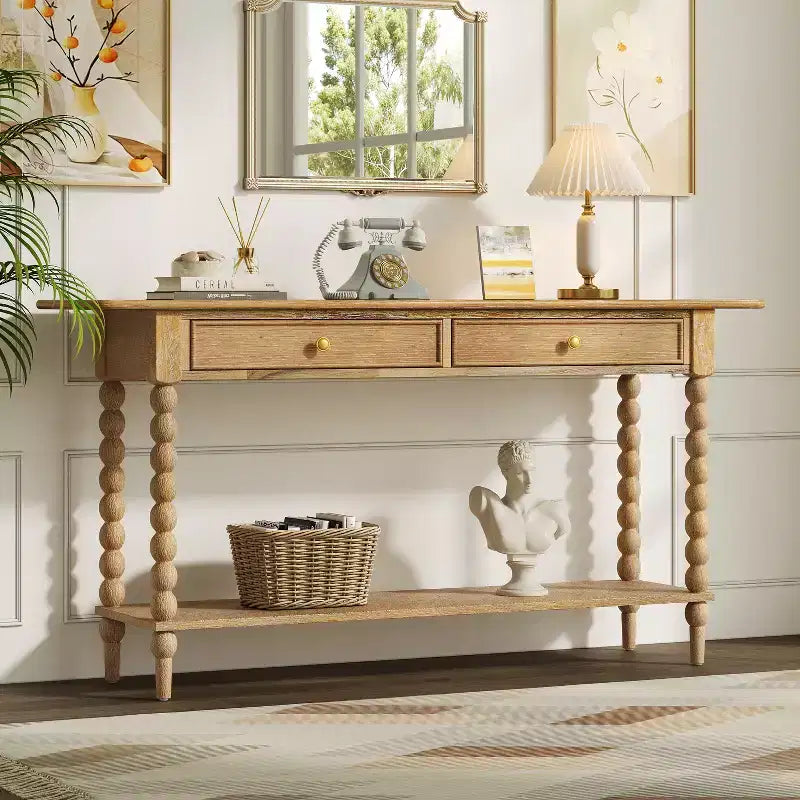 Console Table with 2 Drawers & Shelf, Entryway Table Acacia Wood Sofa Table - ModernLuxe