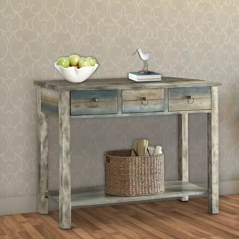 Royal Hampton Beautiful Console Table, Antique Oak & Teal Blue