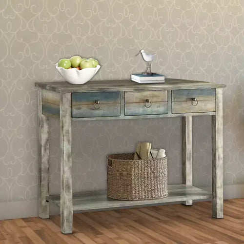 Royal Hampton Beautiful Console Table, Antique Oak & Teal Blue