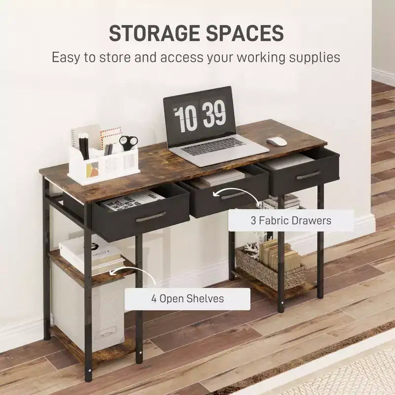 47 Small Computer Desk, Writing Desk with Fabric Drawers, Home Office Desk with Adjustable Shelves