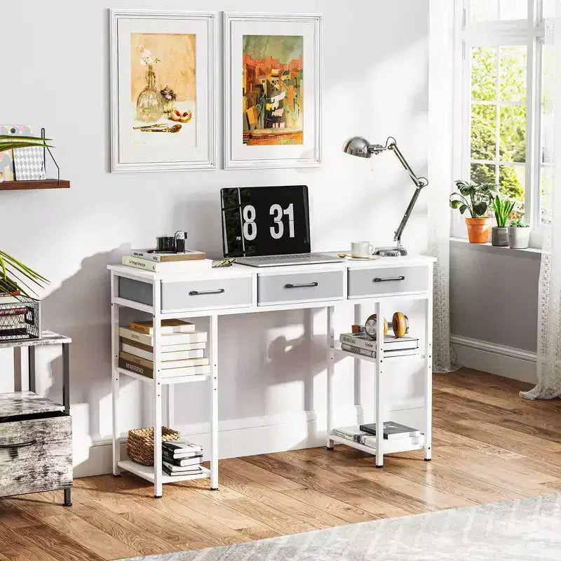 47 Small Computer Desk, Writing Desk with Fabric Drawers, Home Office Desk with Adjustable Shelves