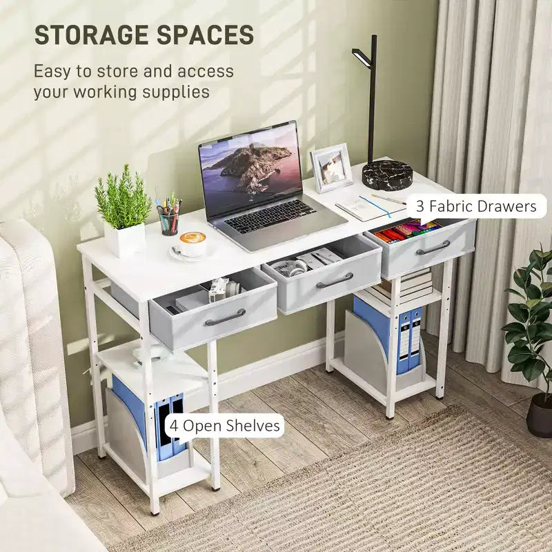 47 Small Computer Desk, Writing Desk with Fabric Drawers, Home Office Desk with Adjustable Shelves